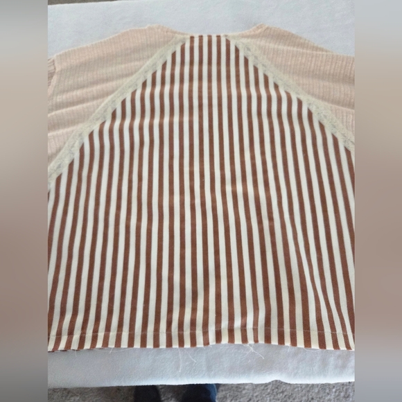 POL Striped V-Neck Top Lace Star Sleeves Balloon Brown Cream Size M NWT - Picture 10 of 12